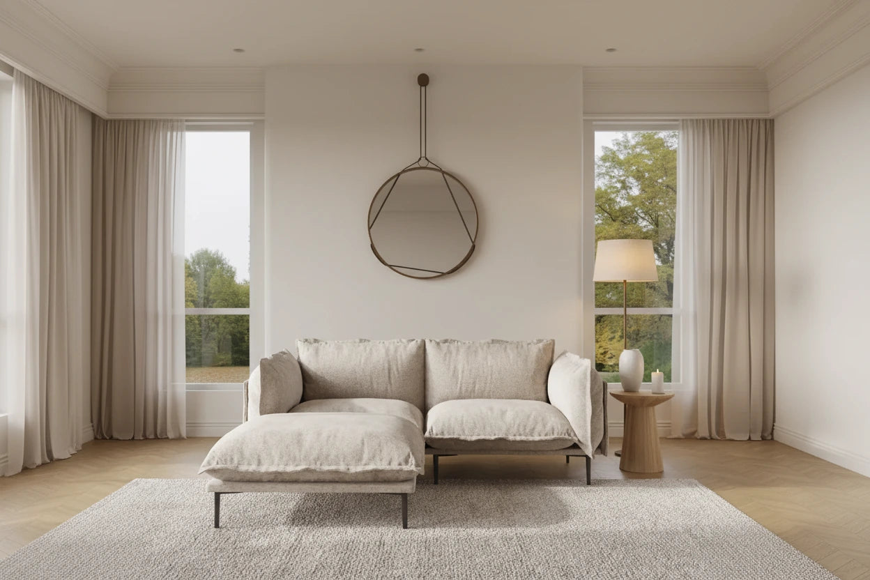 A north-facing living room with a light taupe velvet sofa