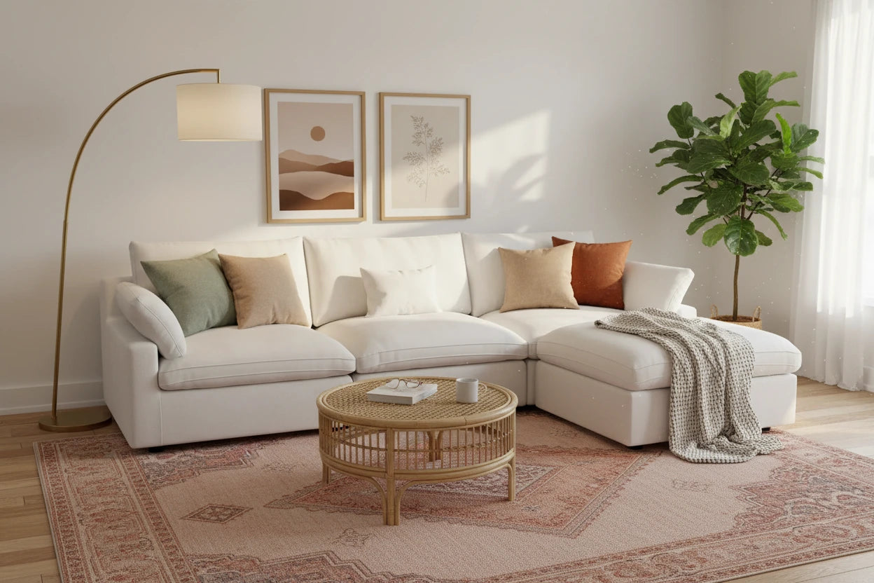 A warm rental living room with a velvet sofa