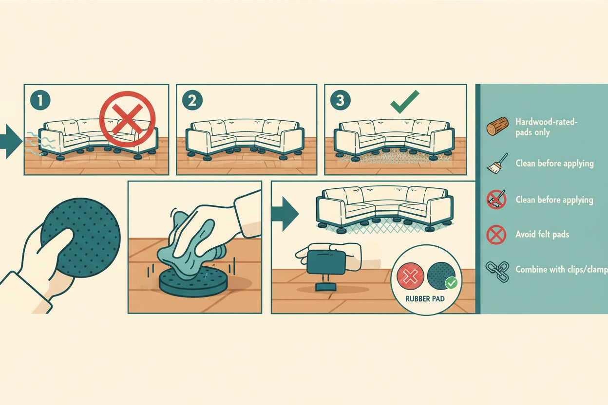 Add Non-Slip Furniture Pads or Rubber Grippers to keep sectional sofa together