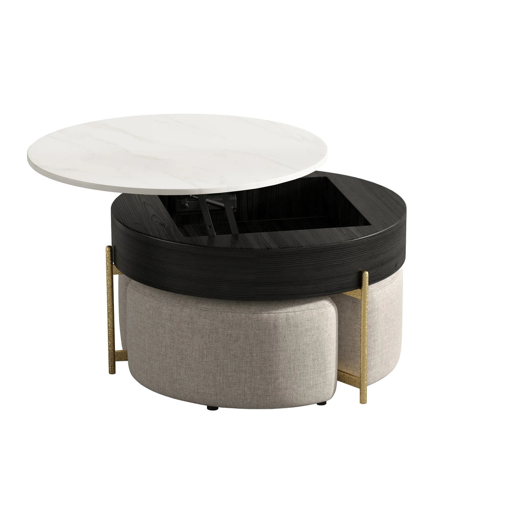 Aero Sintered Stone Coffee Table | 32" Monochrome Round With 3 Stools
