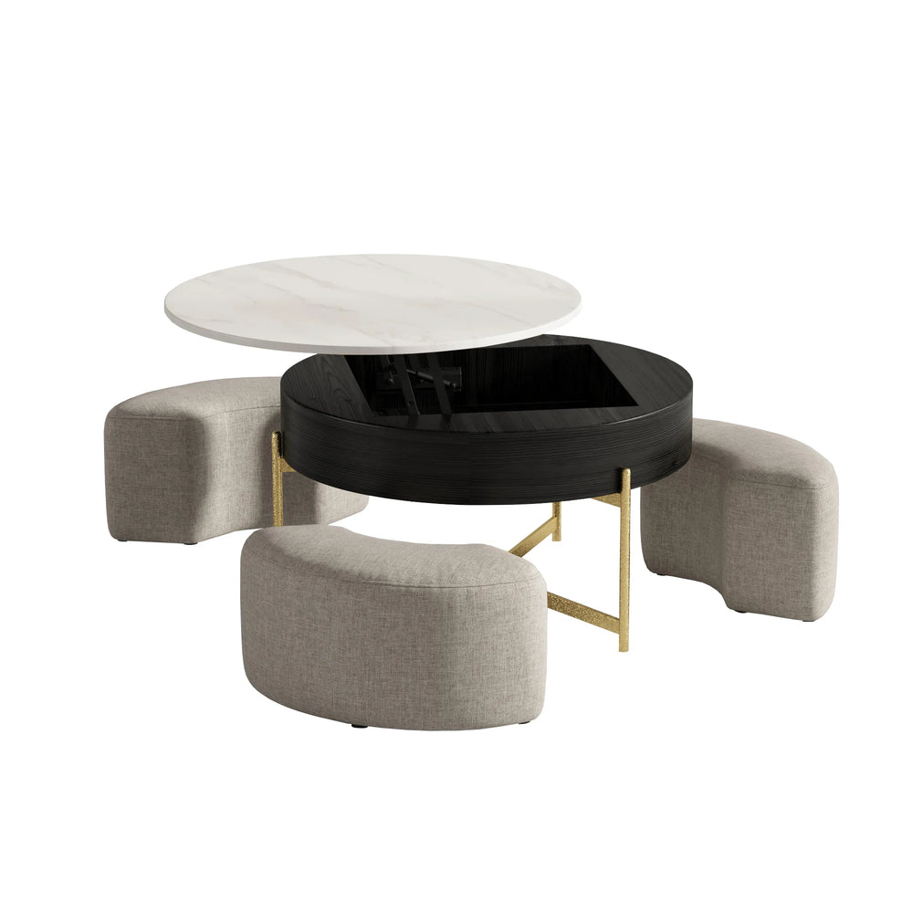 Aero Sintered Stone Coffee Table | 32" Monochrome Round With 3 Stools