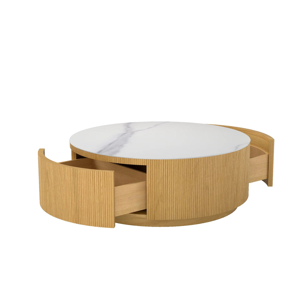 Aero Sintered Stone Coffee Table | 34" Walnut Round With 2 Drawers