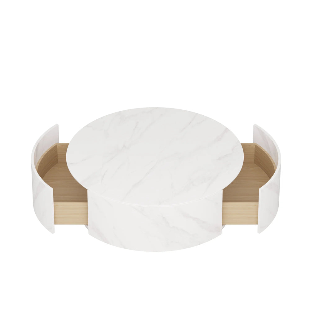 Aero Sintered Stone Coffee Table | 34" White Round With 2 Drawers