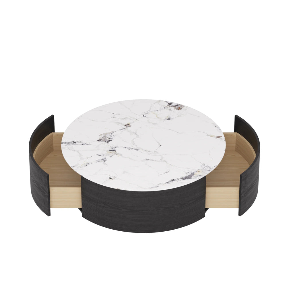 Aero Sintered Stone Coffee Table | 34" Monochrome Round With 2 Drawers