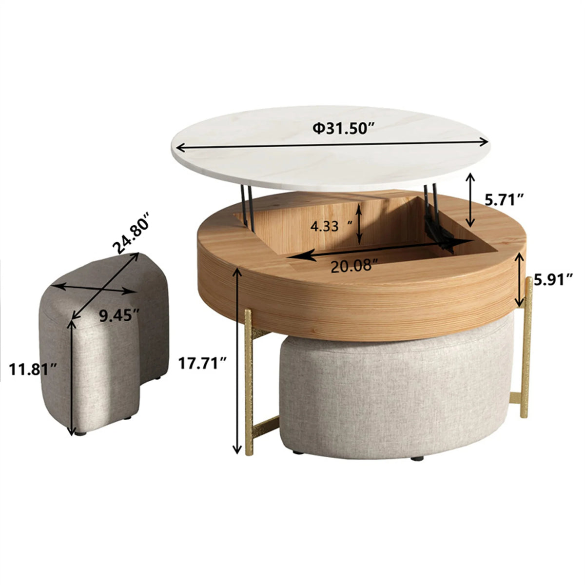 Aero Sintered Stone Coffee Table | 32" Walnut Round With 3 Stools