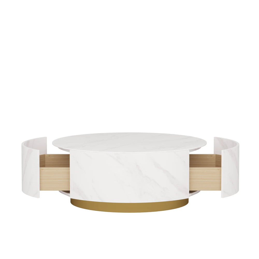 Aero Sintered Stone Coffee Table | 34" White Round With 2 Drawers