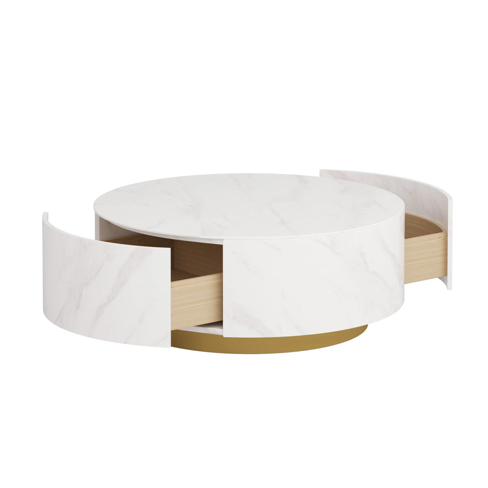 Aero Sintered Stone Coffee Table | 34" White Round With 2 Drawers
