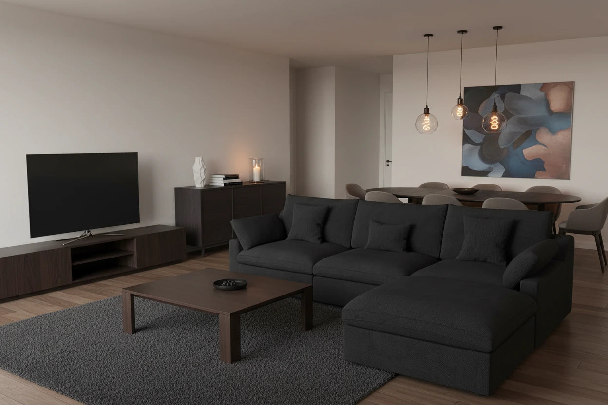 An open-plan living-dining space with a velvet sofa