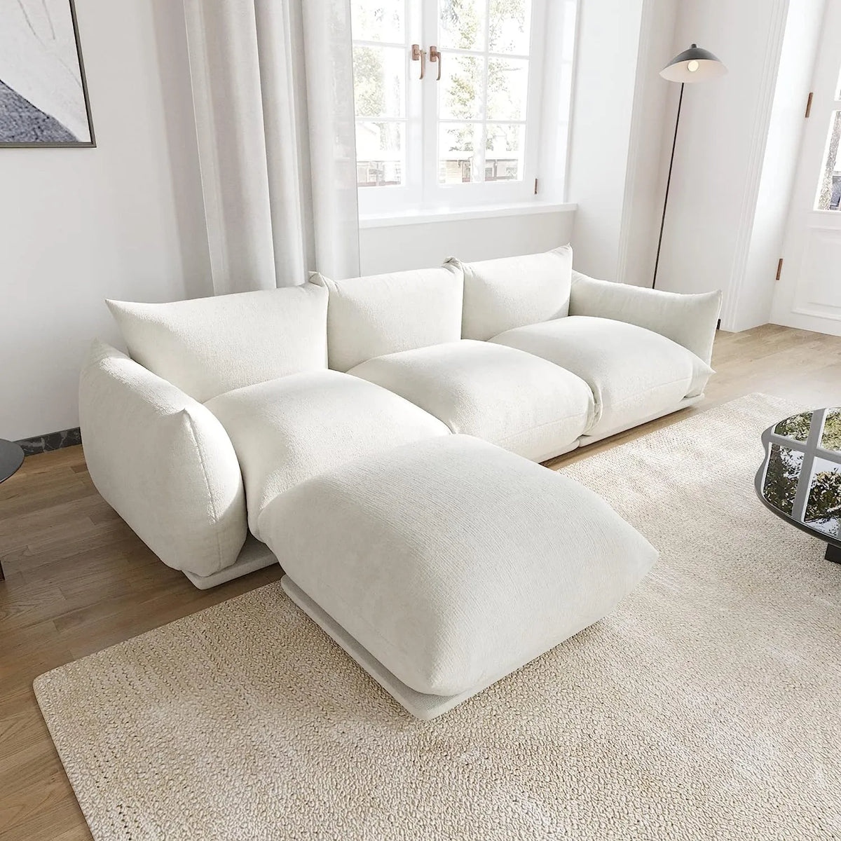 Sofá modular en forma de L Matrix de 3 plazas, color beige | 4 piezas (incluye 1 otomana), tela de chenilla, gran capacidad.