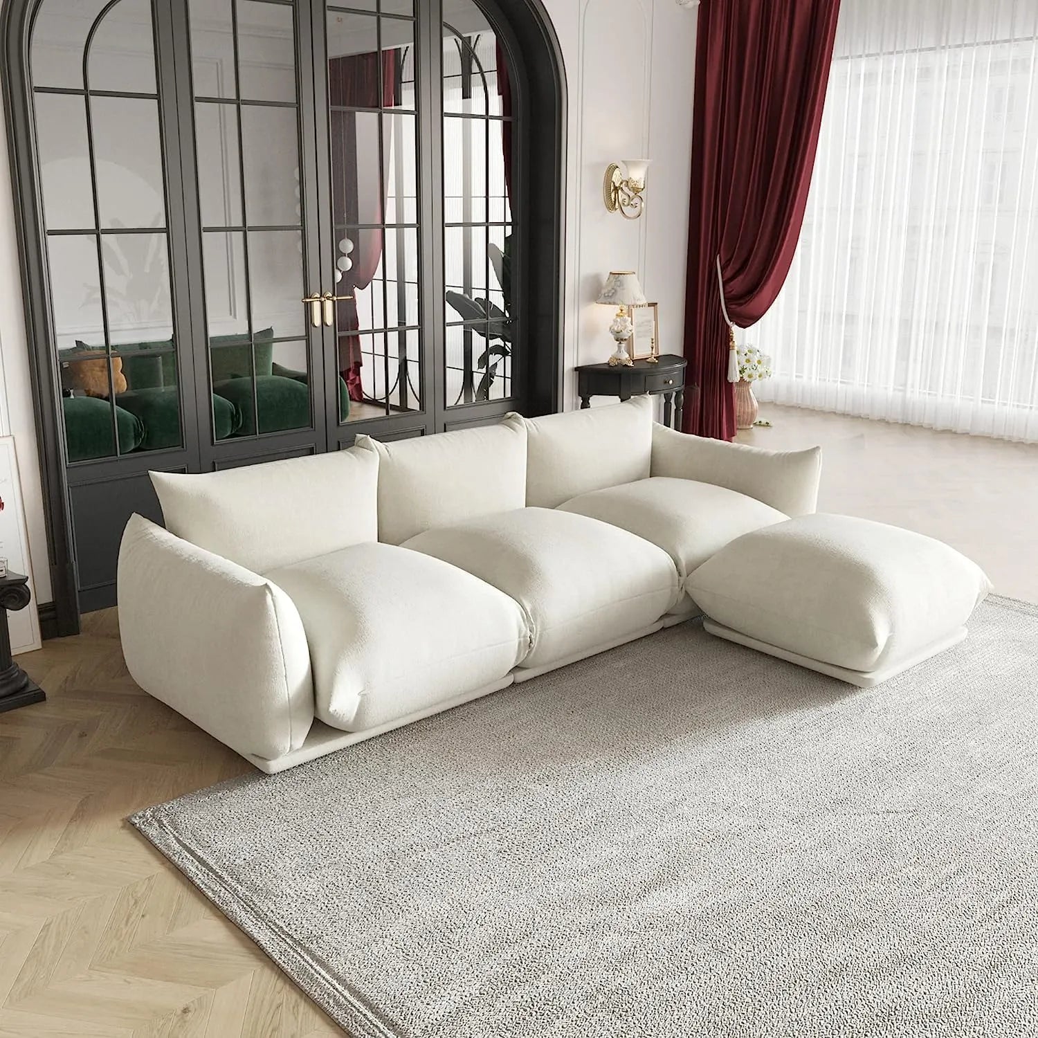 Sofá modular en forma de L Matrix de 3 plazas, color beige | 4 piezas (incluye 1 otomana), tela de chenilla, gran capacidad.