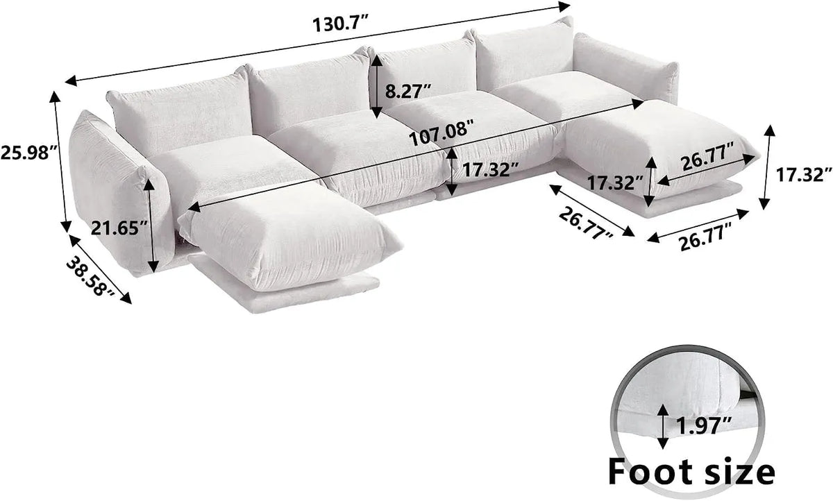 Sofá modular seccional en forma de U Matrix de 4 plazas, color beige | Juego de 6 piezas (incluye 2 otomanas), tejido de chenilla, diseño espacioso.