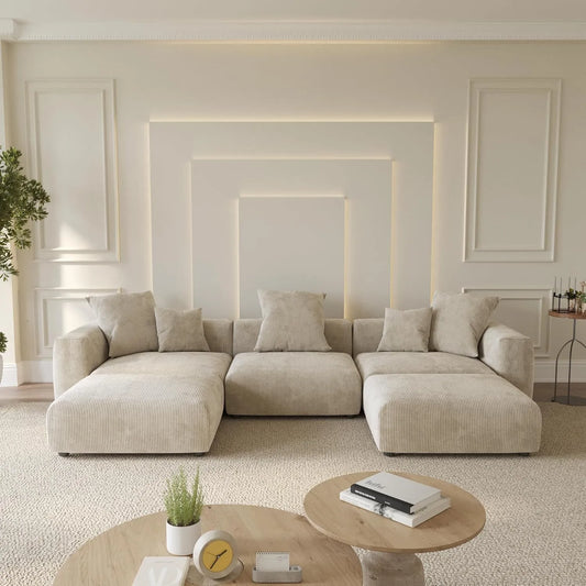 Matrix Modern Modular Sofas | Beige Corduroy Couch Sectionals 3-seaters With 2 Ottoman