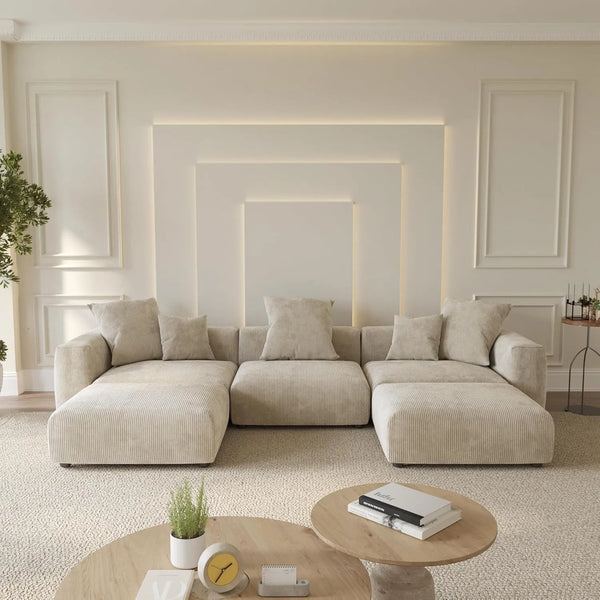 Matrix Modern Modular Sofas | 5-Piece Beige Corduroy U-Shaped Sectionals 3-seater