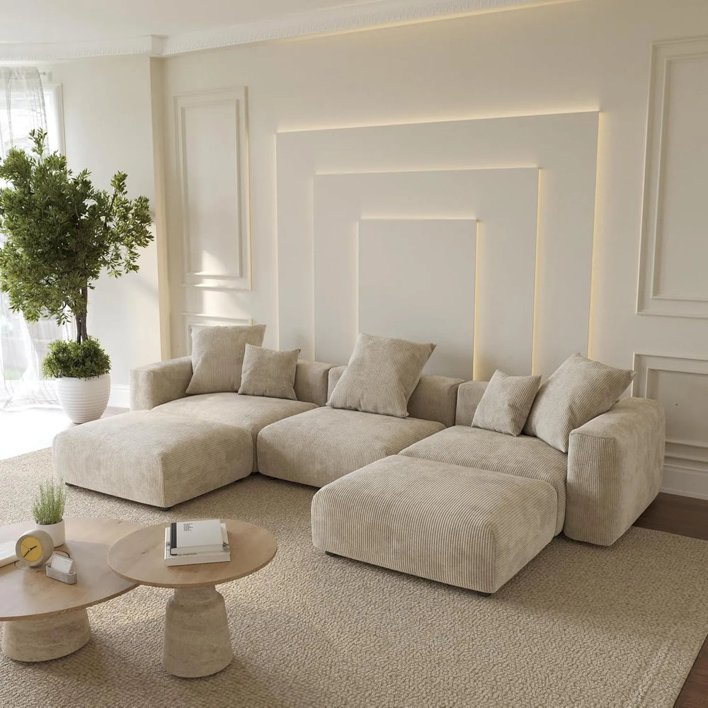 Matrix Modern Modular Sofas | Beige Corduroy Couch Sectionals 3-seaters With 2 Ottoman