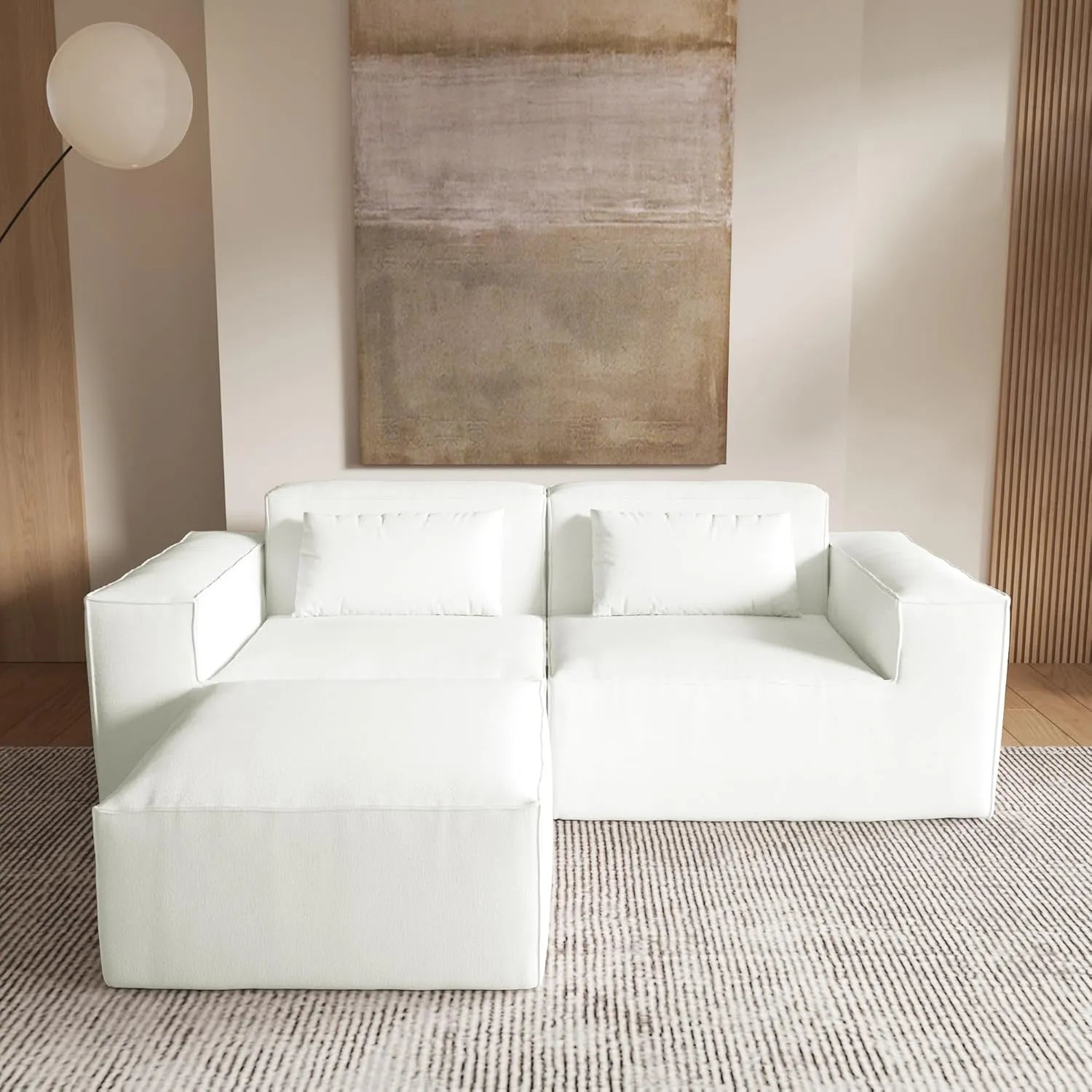 Sofá modular seccional Matrix de 2 plazas color beige con chaise longue | 3 piezas (incluye 1 otomana), tela Cloud Velvet, ideal para apartamentos.