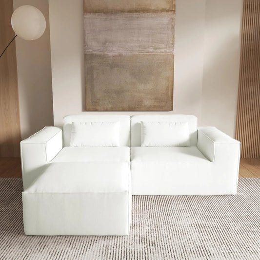 Matrix Classic Sectional Sofas | Beige Corduroy L shaped Sectionals 2-seaters with 1 Ottoman