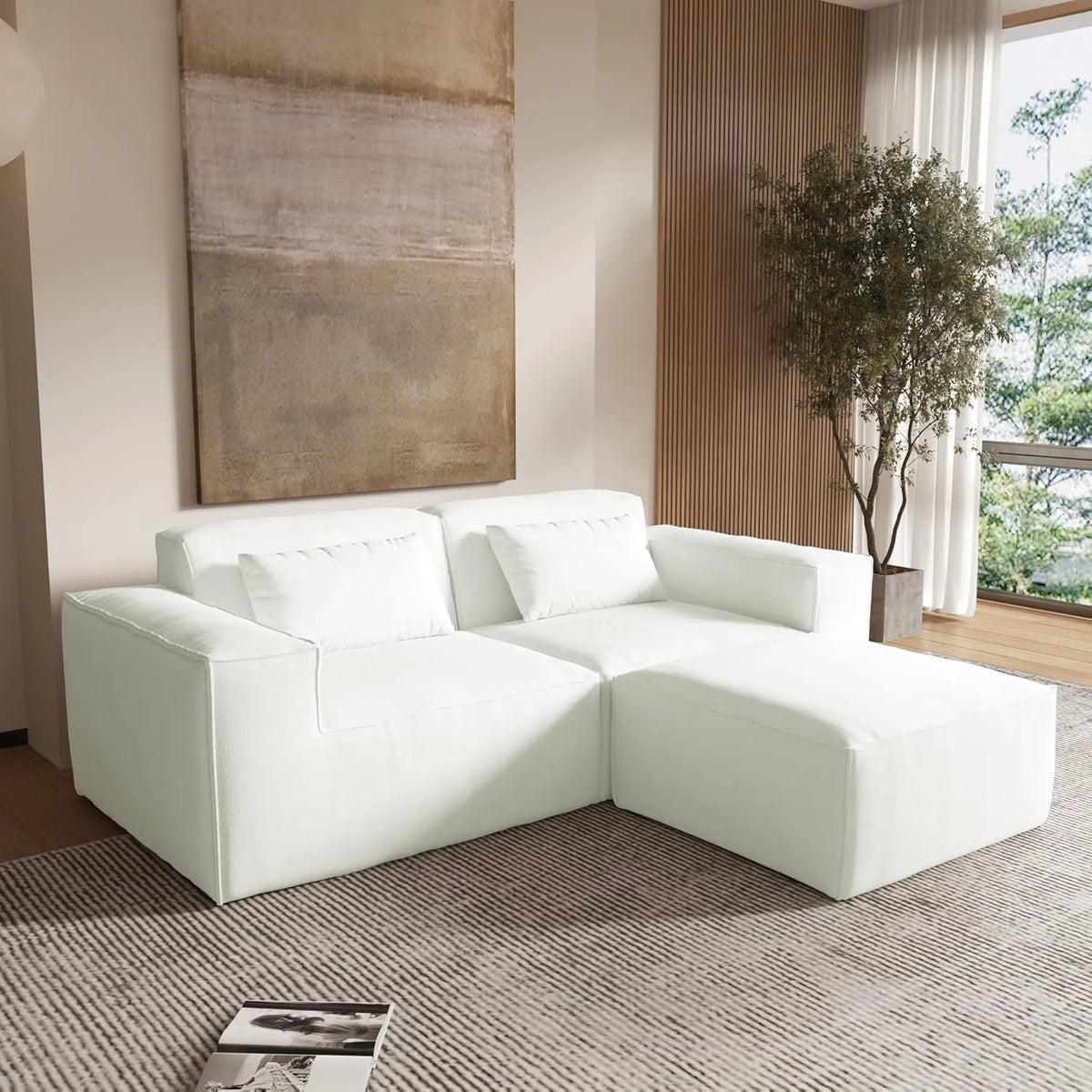 Matrix 2-Seater Beige Modular Chaise Sectional | 3-Piece (includes 1 Ottoman), Cloud Velvet Fabric, Apartment Friendly