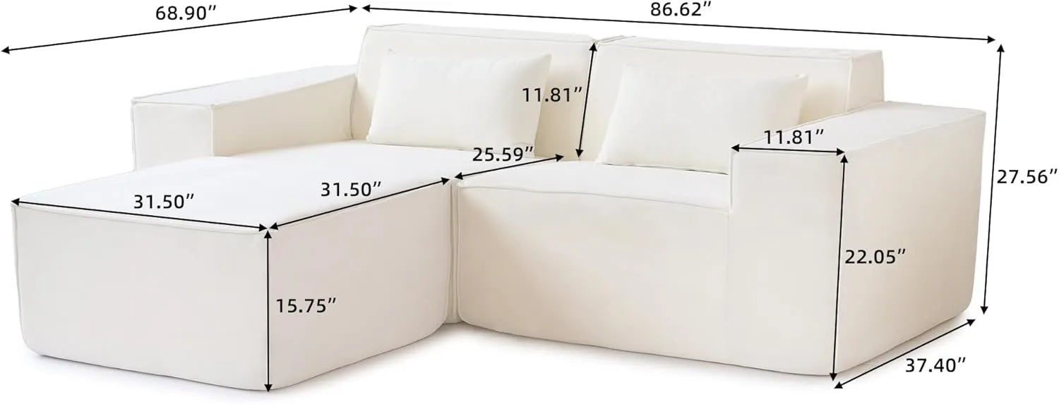 Sofá modular seccional Matrix de 2 plazas color beige con chaise longue | 3 piezas (incluye 1 otomana), tela Cloud Velvet, ideal para apartamentos.