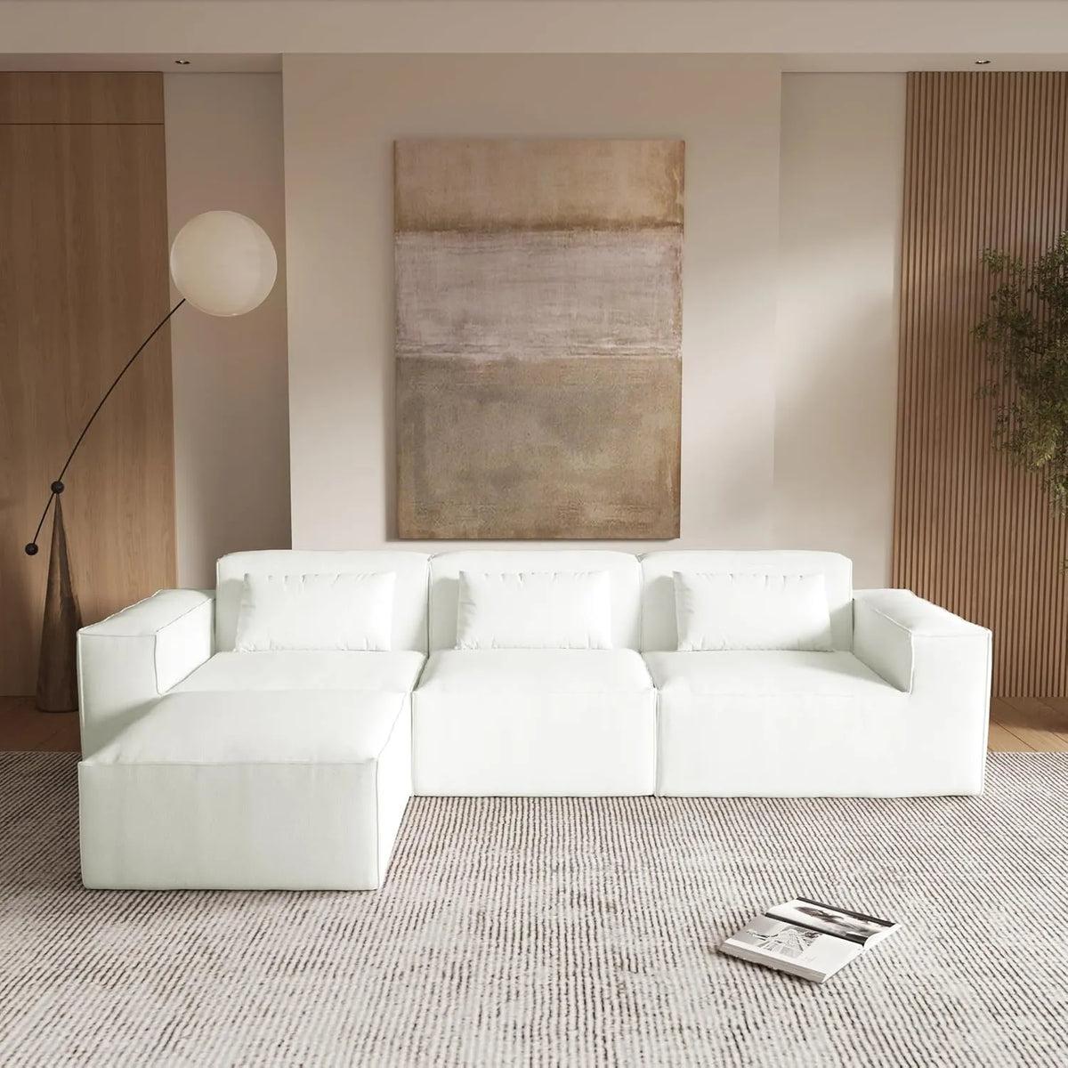 Sofá modular en forma de L Matrix de 3 plazas, color beige | 4 piezas (incluye 1 otomana), tela Cloud Velvet, gran capacidad.