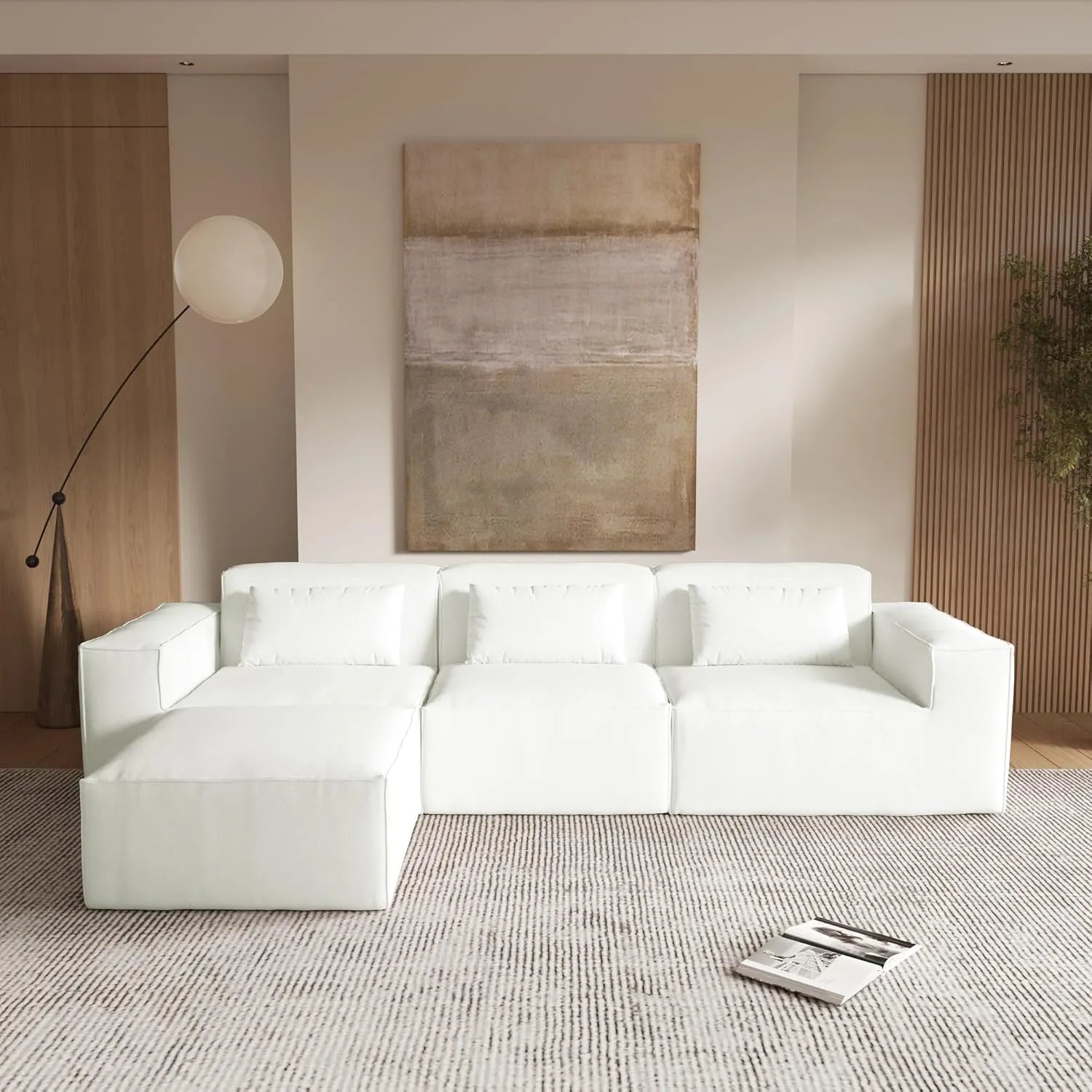 Matrix 3-Seater Beige Modular L-Shaped Sectional | 4-Piece (includes 1 Ottoman), Cloud Velvet Fabric, Large Space