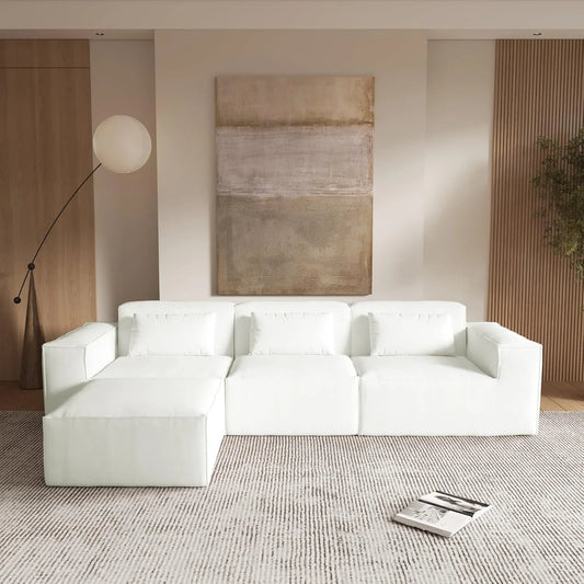 Matrix Classic Sectional Sofas | Beige Corduroy L shaped Sectionals 3-seaters with 1 Ottoman