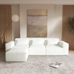 Matrix Classic Sectional Sofas | Beige Corduroy L shaped Sectionals 3-seaters with 1 Ottoman