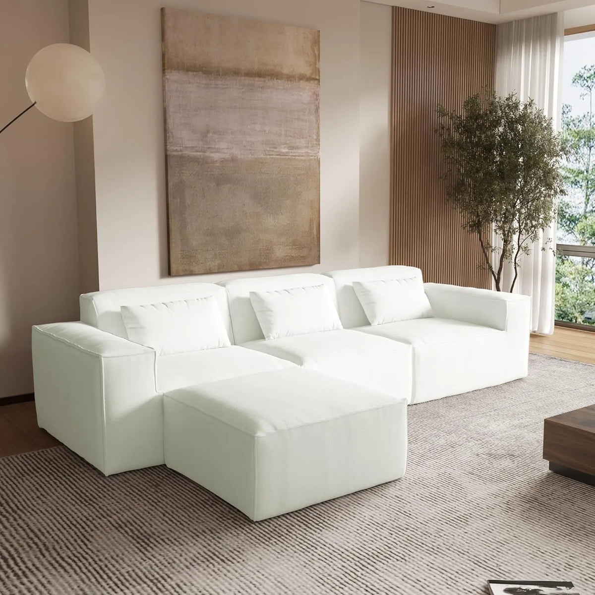 Sofá modular en forma de L Matrix de 3 plazas, color beige | 4 piezas (incluye 1 otomana), tela Cloud Velvet, gran capacidad.