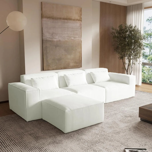 Matrix Classic Sectional Sofas | Beige Corduroy L shaped Sectionals 3-seaters with 1 Ottoman
