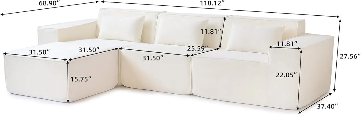 Sofá modular en forma de L Matrix de 3 plazas, color beige | 4 piezas (incluye 1 otomana), tela Cloud Velvet, gran capacidad.