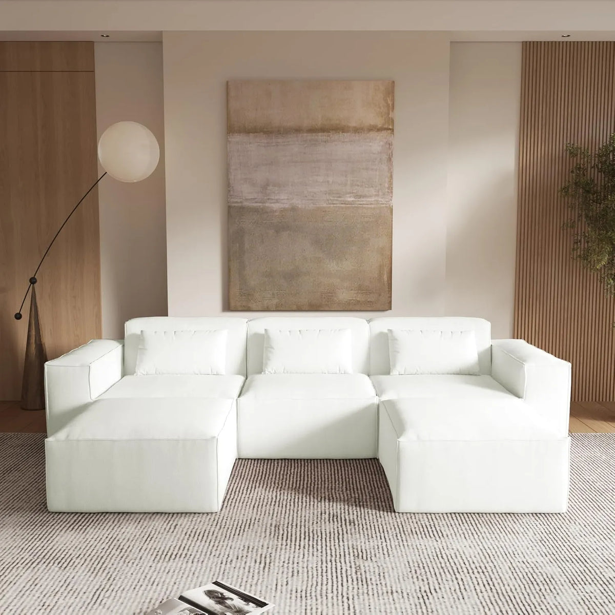 Sofá modular en forma de U Matrix de 3 plazas, color beige | Juego de 5 piezas (incluye 2 otomanas), tapizado en terciopelo Cloud Velvet, diseño espacioso.