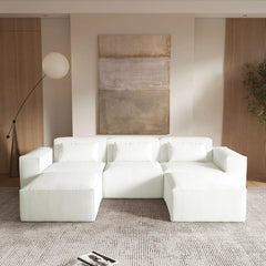 Matrix Classic Sectional Sofas | Beige Corduroy U shaped Sectionals 3-seaters With 2 Ottoman