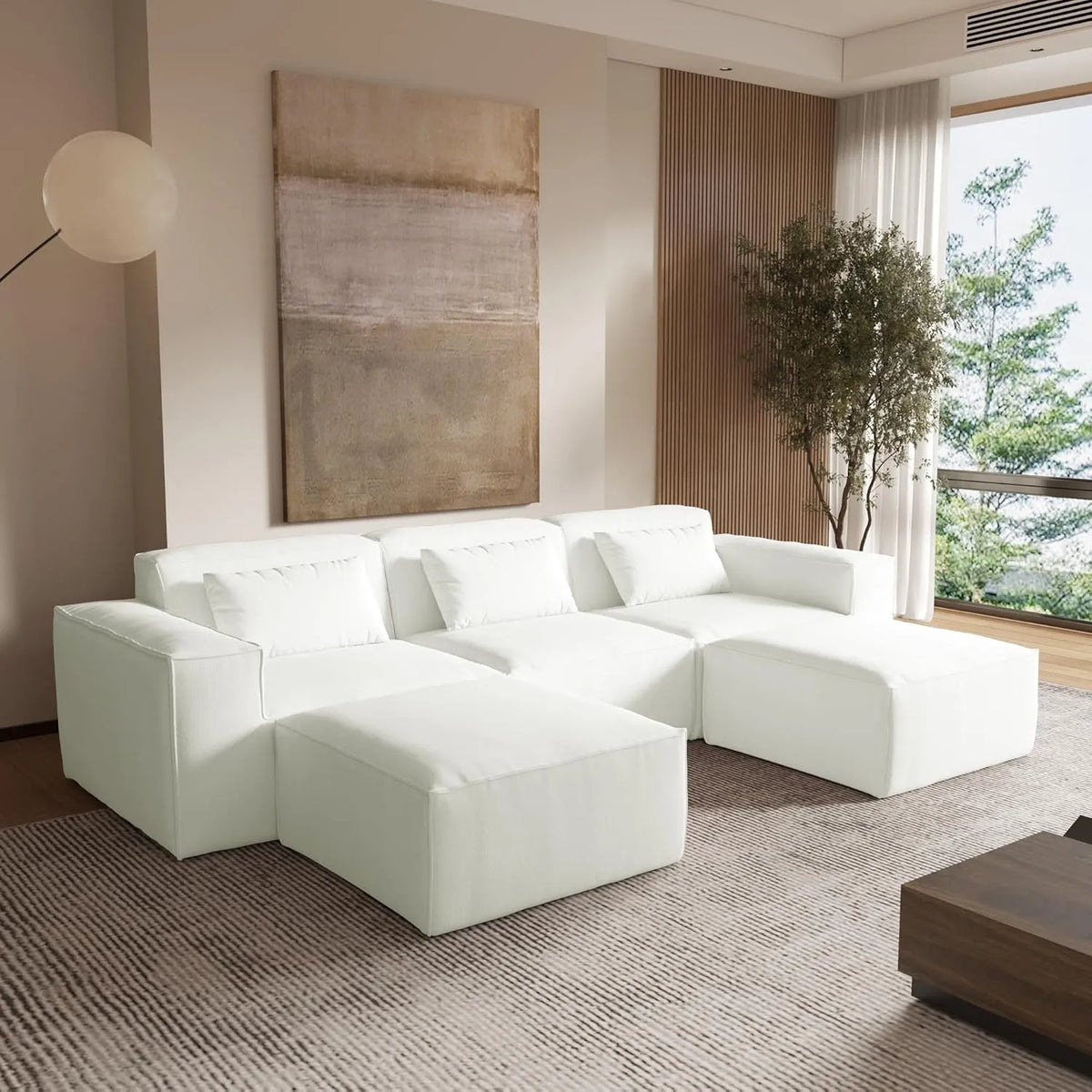 Sofá modular en forma de U Matrix de 3 plazas, color beige | Juego de 5 piezas (incluye 2 otomanas), tapizado en terciopelo Cloud Velvet, diseño espacioso.
