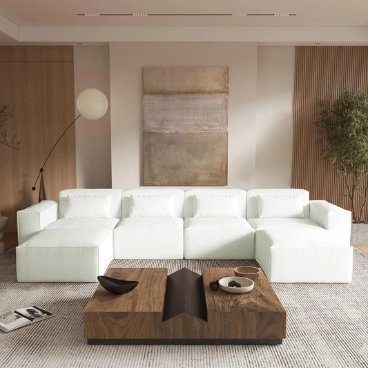 Matrix Classic Sectional Sofas | Beige Corduroy U shaped Sectionals 4-seaters With 2 Ottoman