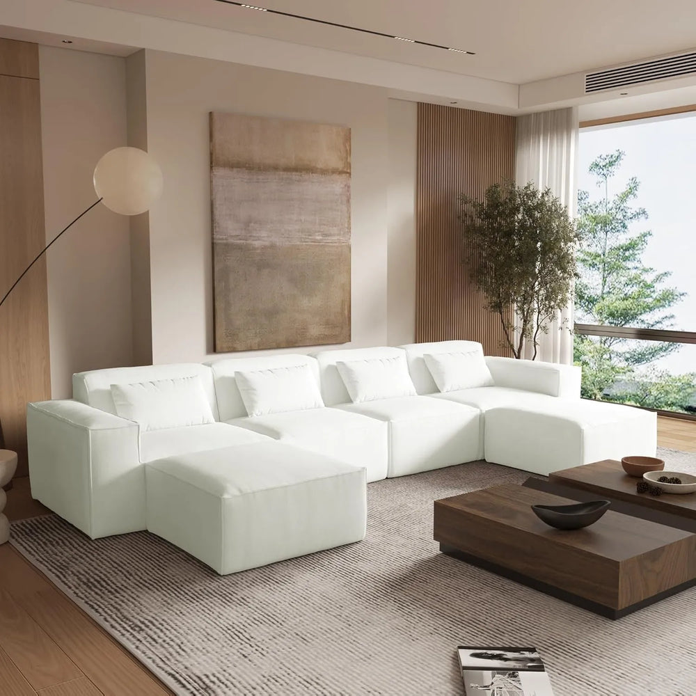 Matrix Classic Sectional Sofas | Beige Corduroy U shaped Sectionals 4-seaters With 2 Ottoman