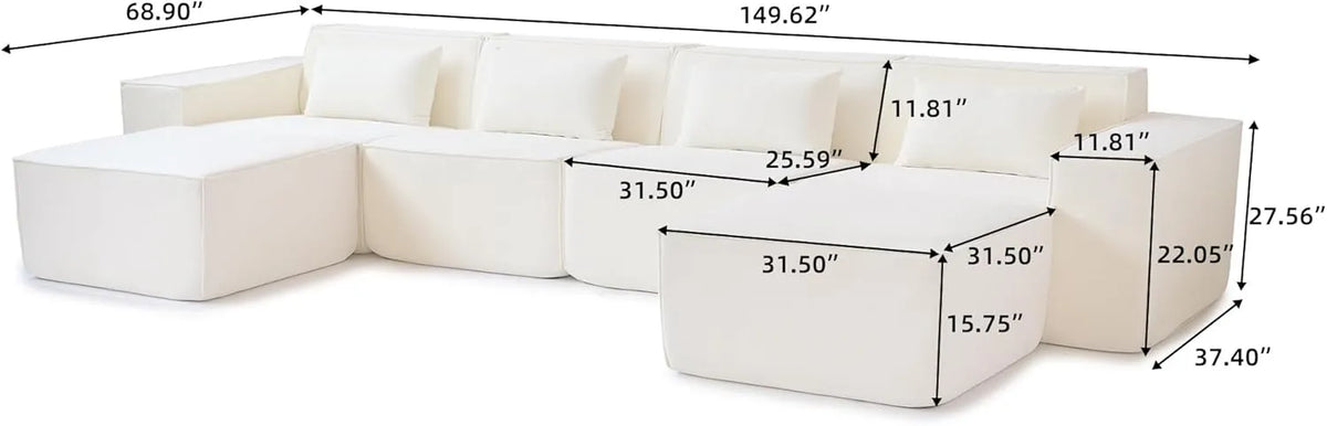 Sofá modular en forma de U Matrix de 4 plazas, color beige | Juego de 6 piezas (incluye 2 otomanas), tapizado en terciopelo Cloud, gran capacidad.