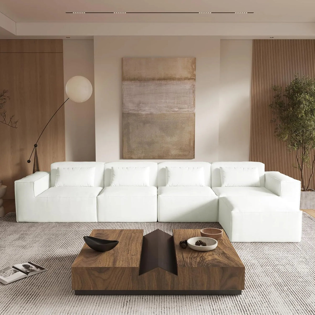 Sofá modular en forma de L Matrix de 4 plazas, color beige | 5 piezas (incluye 1 otomana), tela Cloud Velvet, diseño espacioso