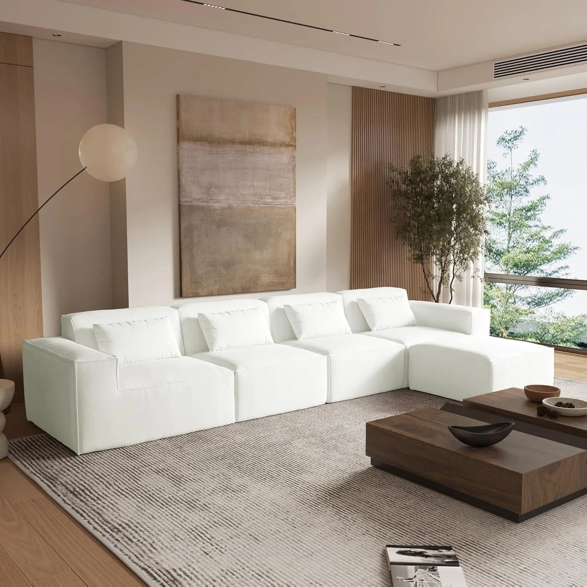 Sofá modular en forma de L Matrix de 4 plazas, color beige | 5 piezas (incluye 1 otomana), tela Cloud Velvet, diseño espacioso