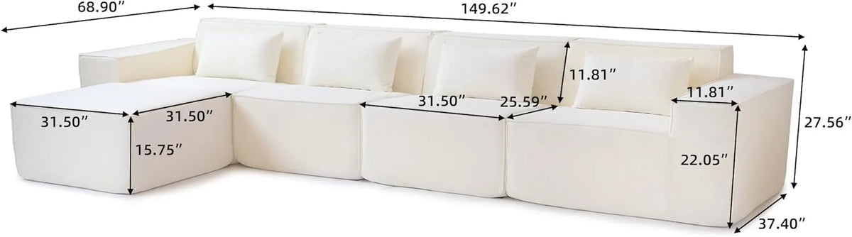 Sofá modular en forma de L Matrix de 4 plazas, color beige | 5 piezas (incluye 1 otomana), tela Cloud Velvet, diseño espacioso