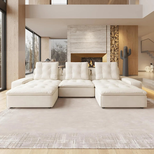 Deluxe Adjustable Cloud Sectional Sofas | Beige Frosted Velvet Couch Sectionals 3-seaters