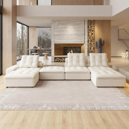 Deluxe Adjustable Cloud Sectional Sofas | Beige Frosted Velvet Couch Sectionals 3-seaters