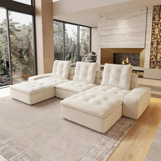 Deluxe Adjustable Cloud Sectional Sofas | Beige Frosted Velvet Couch Sectionals 3-seaters