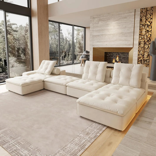 Deluxe Adjustable Cloud Sectional Sofas | Beige Frosted Velvet Couch Sectionals 3-seaters