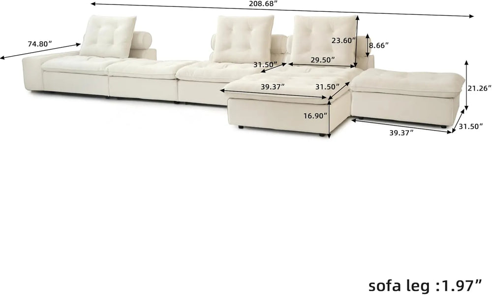 Deluxe Adjustable Cloud Sectional Sofas | Beige Frosted Velvet Couch Sectionals 3-seaters