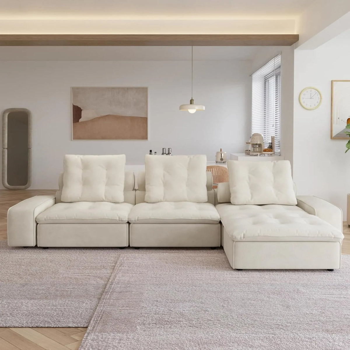 Deluxe Adjustable Cloud Sectional Sofas | 4-Piece Beige Frosted Velvet L-Shaped Sectionals 3-Seater