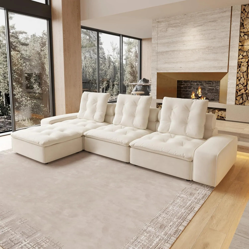 Deluxe Adjustable Cloud Sectional Sofas | Beige Frosted Velvet Couch Sectionals 3-seaters with 1 Ottoman