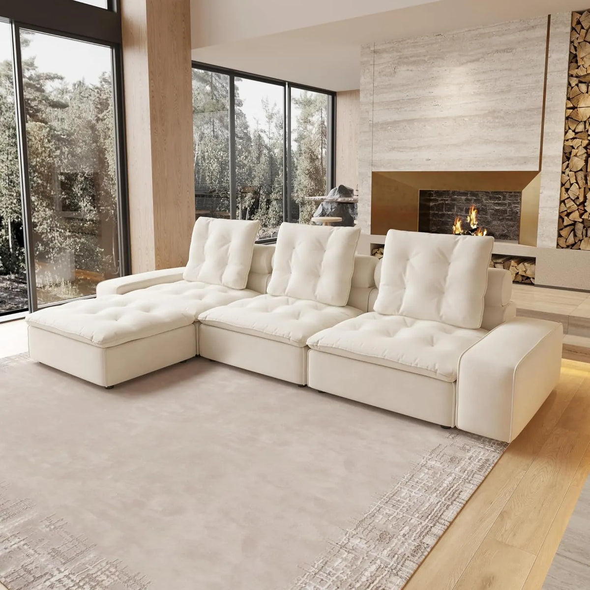 Deluxe Adjustable Cloud Sectional Sofas | 4-Piece Beige Frosted Velvet L-Shaped Sectionals 3-Seater