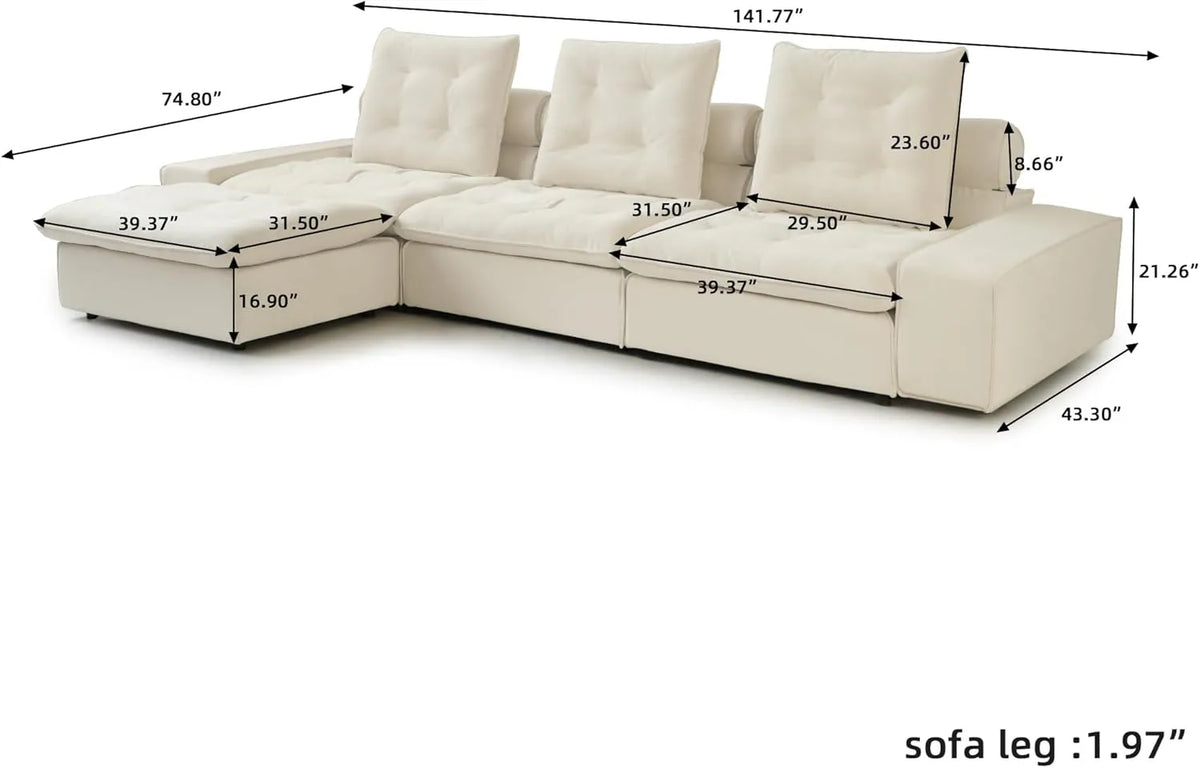 Deluxe Adjustable Cloud Sectional Sofas | 4-Piece Beige Frosted Velvet L-Shaped Sectionals 3-Seater