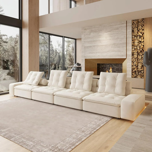 Deluxe Adjustable Cloud Sectional Sofas | Beige Frosted Velvet Couch Sectionals 4-seaters