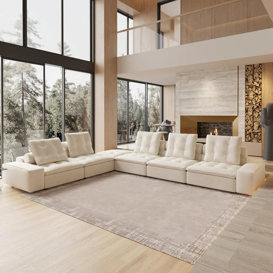 Deluxe Adjustable Cloud Sectional Sofas | Beige Frosted Velvet Couch Sectionals 5-seaters with 1 Ottoman