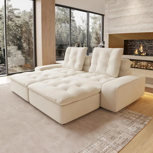Deluxe Adjustable Cloud Sectional Sofas | Beige Frosted Velvet Loveseats 2-seaters